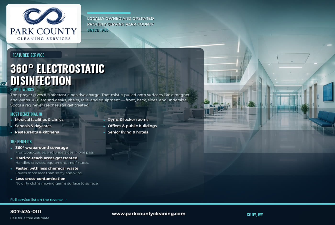Park County Cleaning 360° electrostatic disinfection ad card front