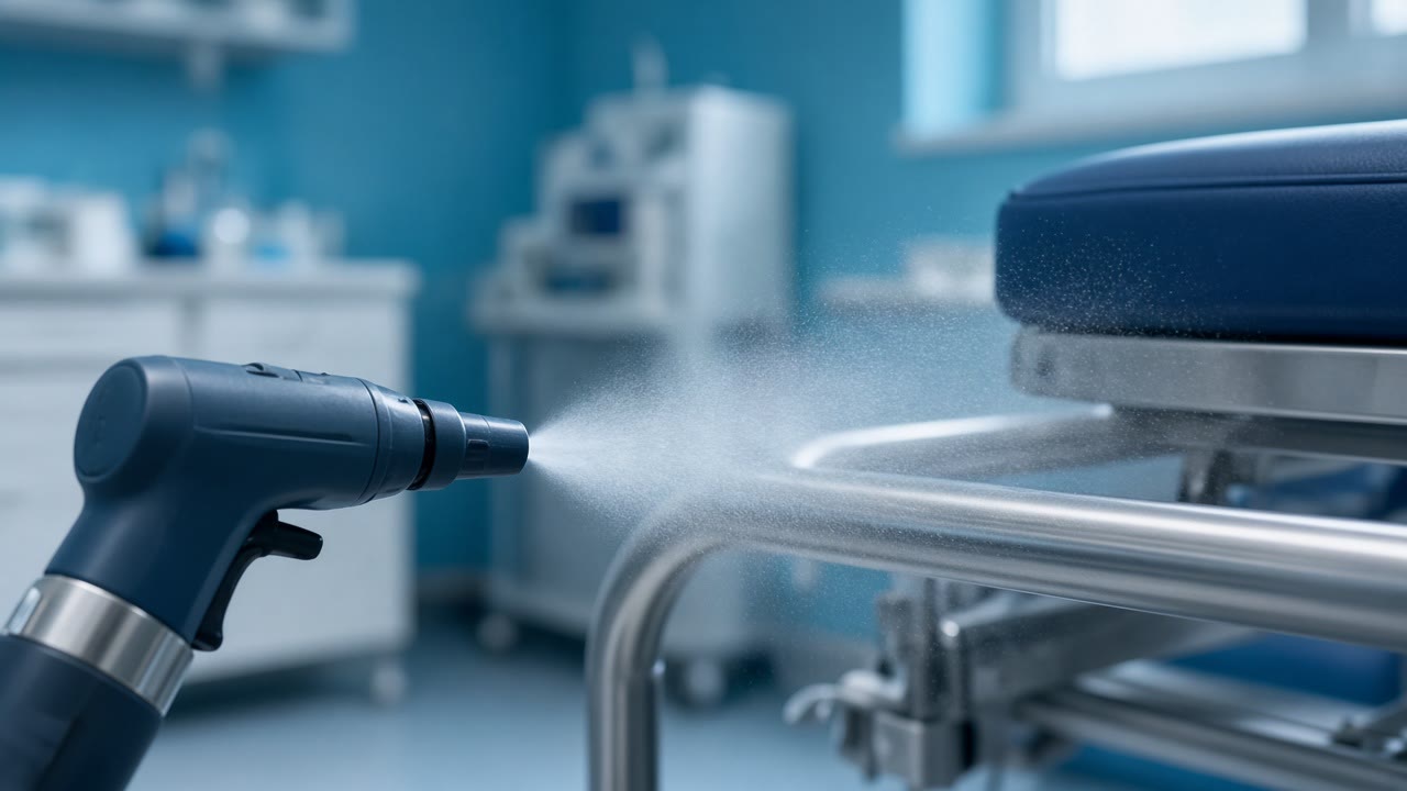 Electrostatic sprayer mist directed at a medical exam rail